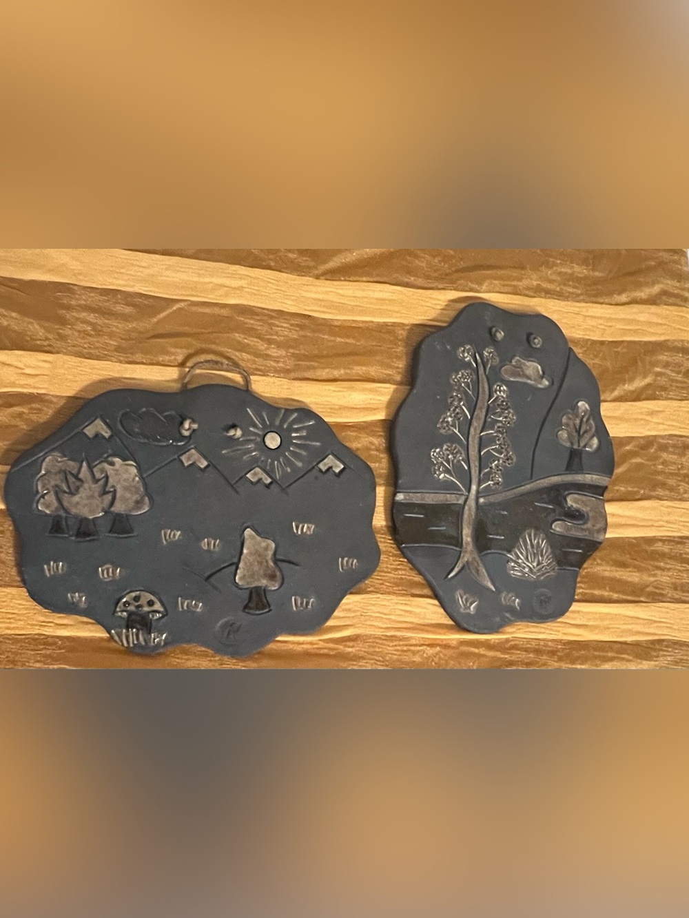 Vintage 1970s Handcrafted Ceramic Nature Wall Plaques Mushroom & Mountain Set
